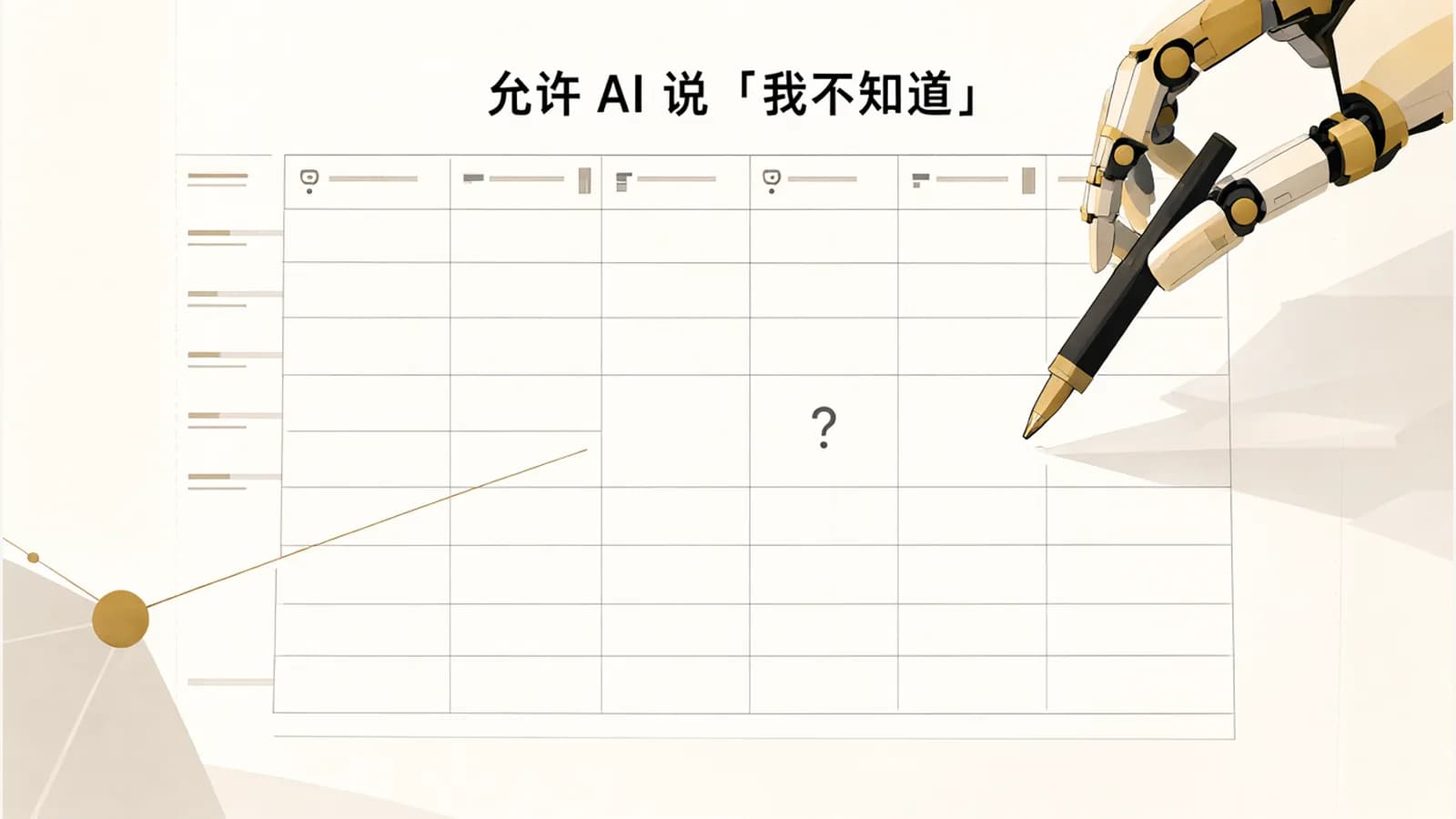 机械臂握笔停在草稿的空格上方，没有硬填，空格里只留着问号