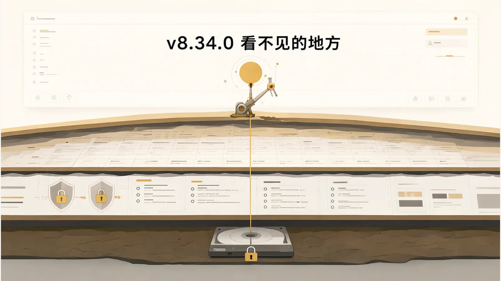 简洁的系统界面下方，剖开露出规则、安全审计和加密磁盘等隐藏的支撑层