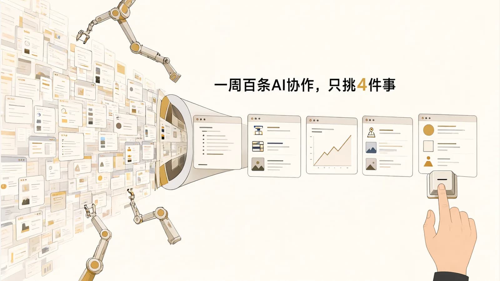 上百条 AI 协作任务经漏斗筛选，最终留下四件关键事项，一只人手按着回车键