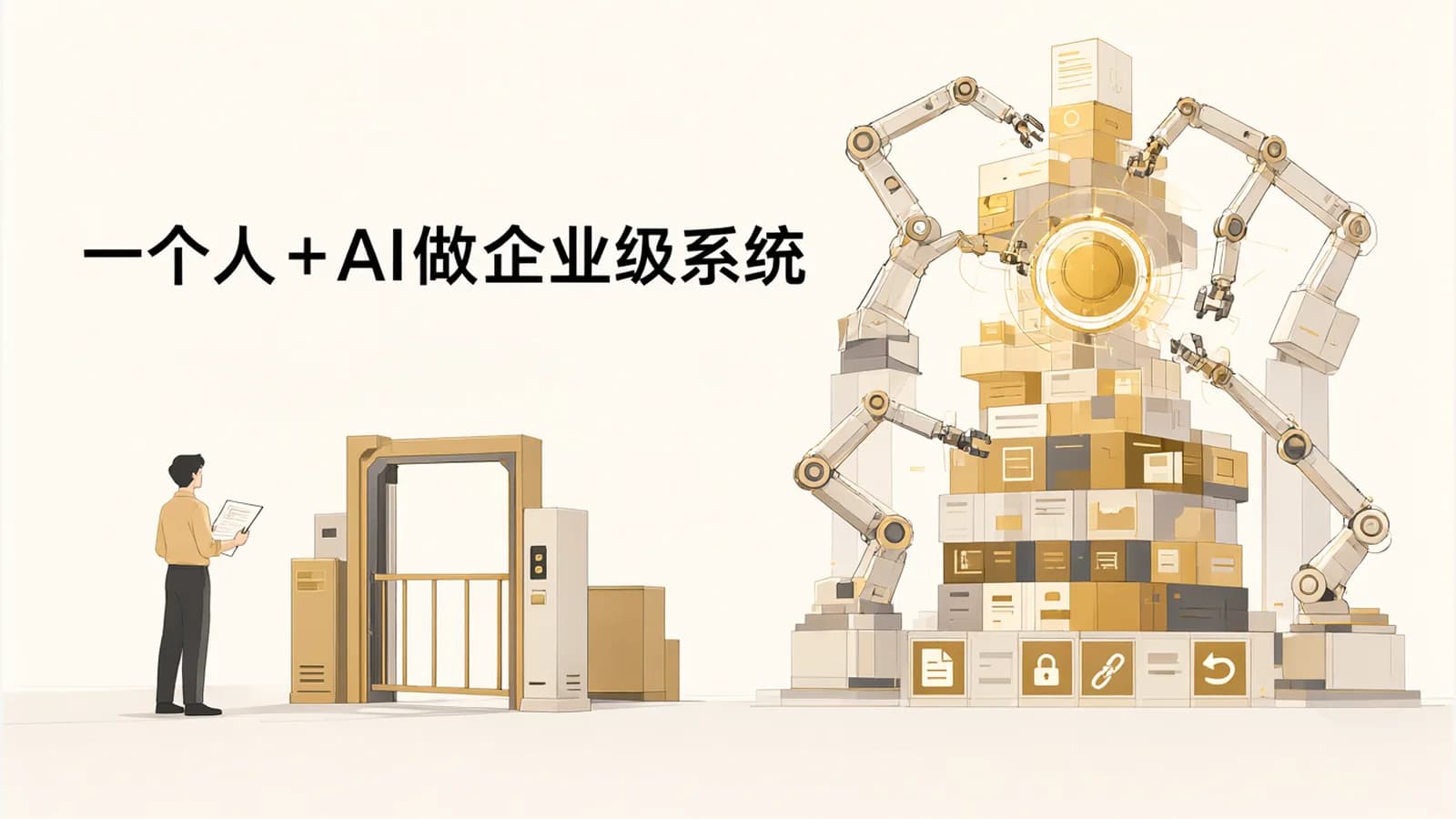 一个人把守检查闸门，机械臂搭建企业系统，底部有口径、权限、追溯、回滚四道关卡
