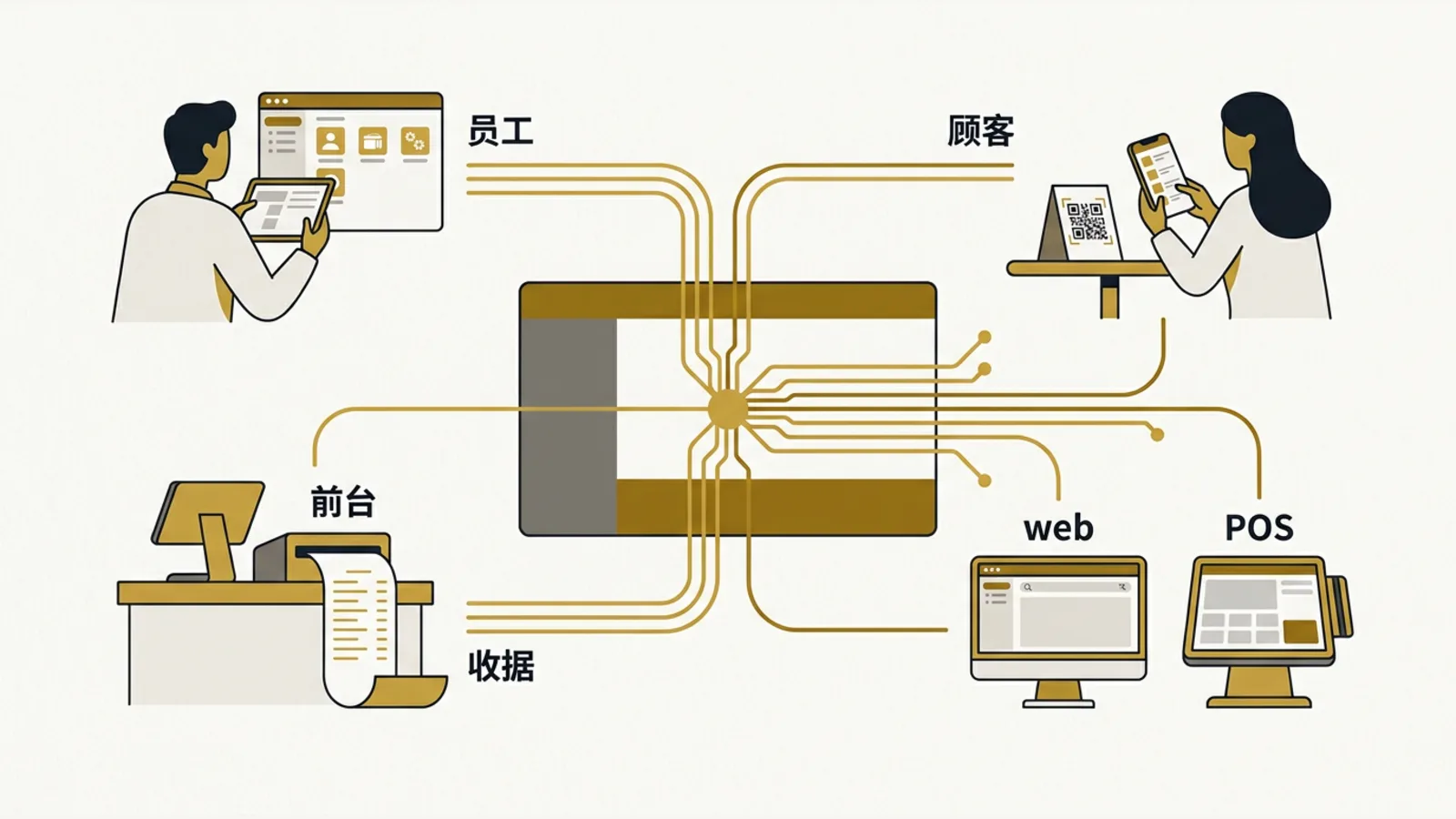 One brand configuration ties together the staff app, customer ordering, front-of-house receipts, and the POS.