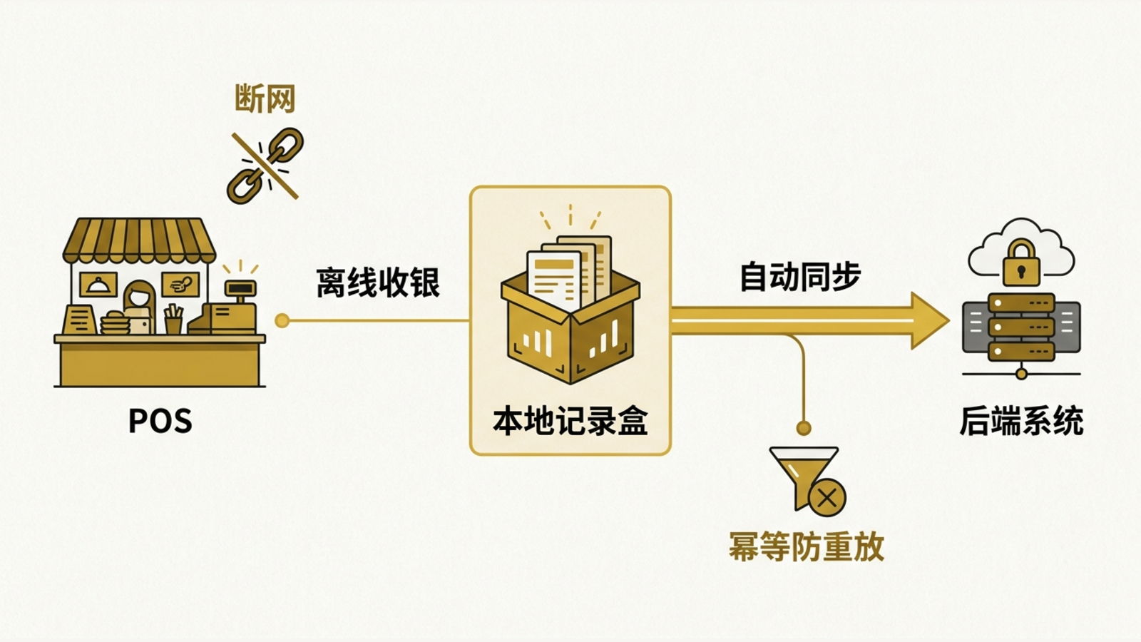 断网时 POS 仍可离线收银，并在恢复网络后自动同步。