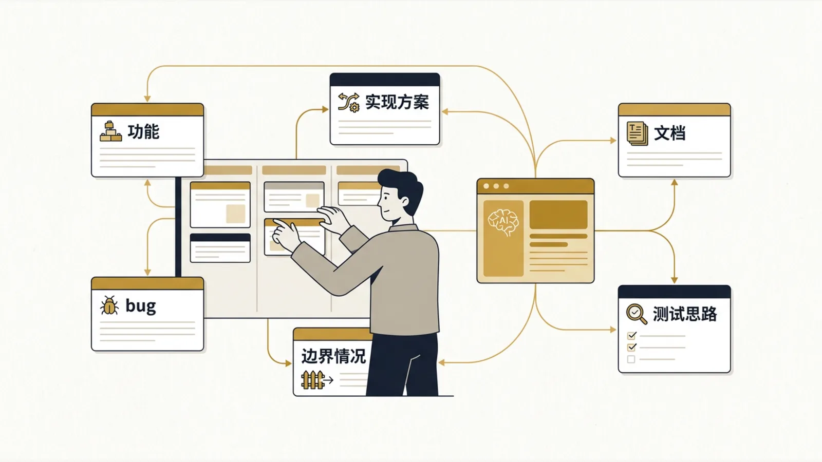 AI surrounding a developer, helping with features, bugs, design options, docs, and tests.