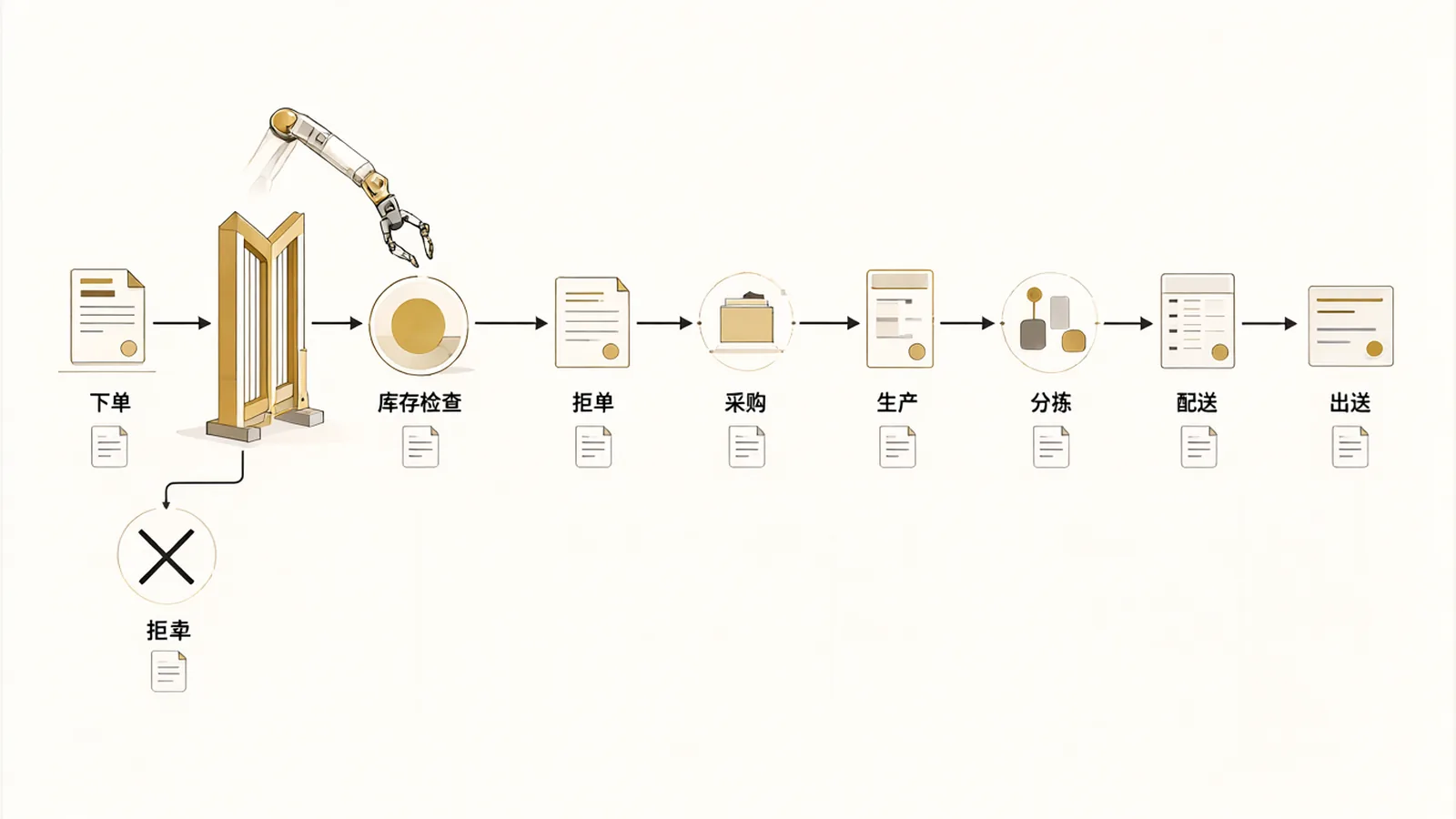 下单后先过库存检查关卡，不够就拒单，通过后依次经过采购、生产、配送的横向流程