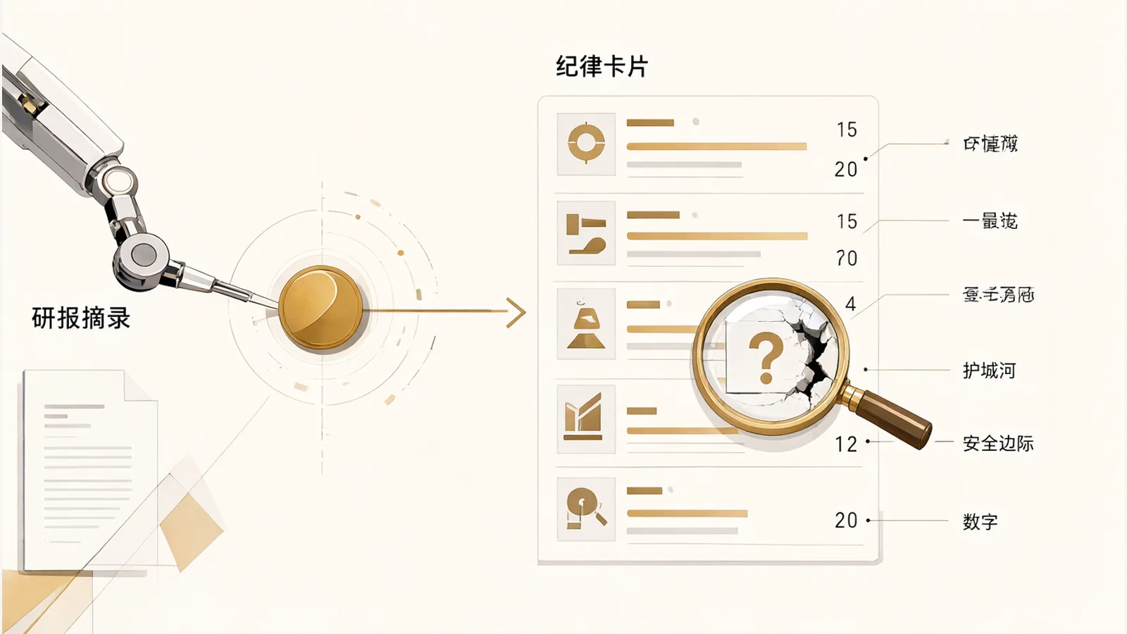 AI 根据研报起草的纪律卡片里数字整整齐齐，放大镜下其中一个数字裂开露出问号