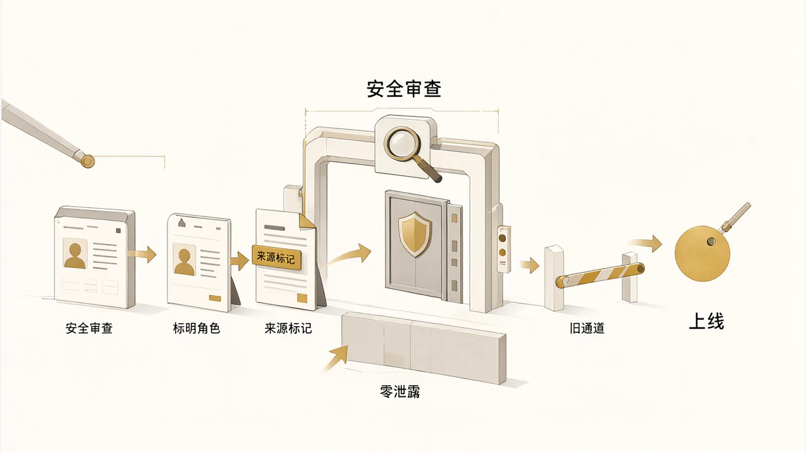 改动先经过安全审查门，看板标明角色、操作加来源标记、旧通道关闭后才上线