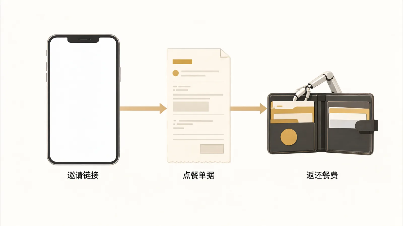 神秘顾客从手机收到邀请链接，上传小票，最后领回餐费的流程