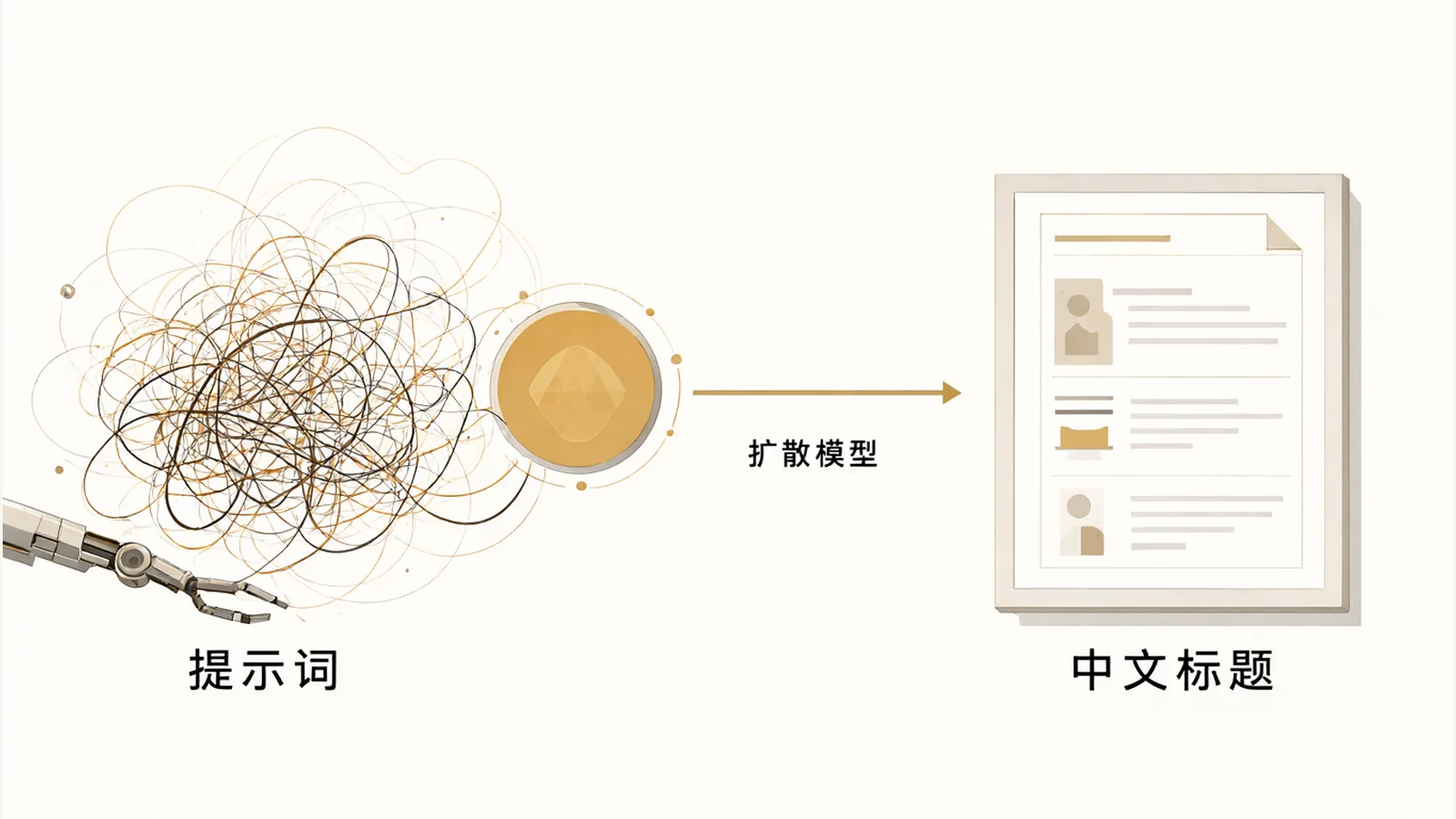左边是杂乱的线团，右边是整齐的画框，表示改写提示词前后出图的对比