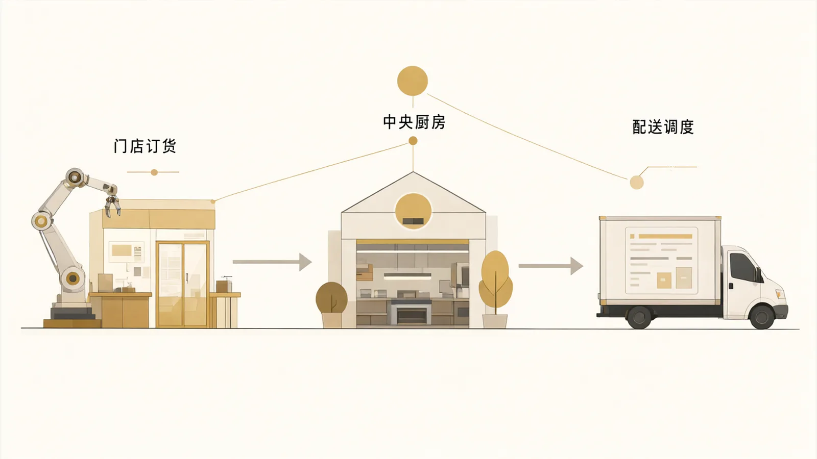 门店订货、中央厨房生产、配送调度连成一条链路，由同一个系统串起