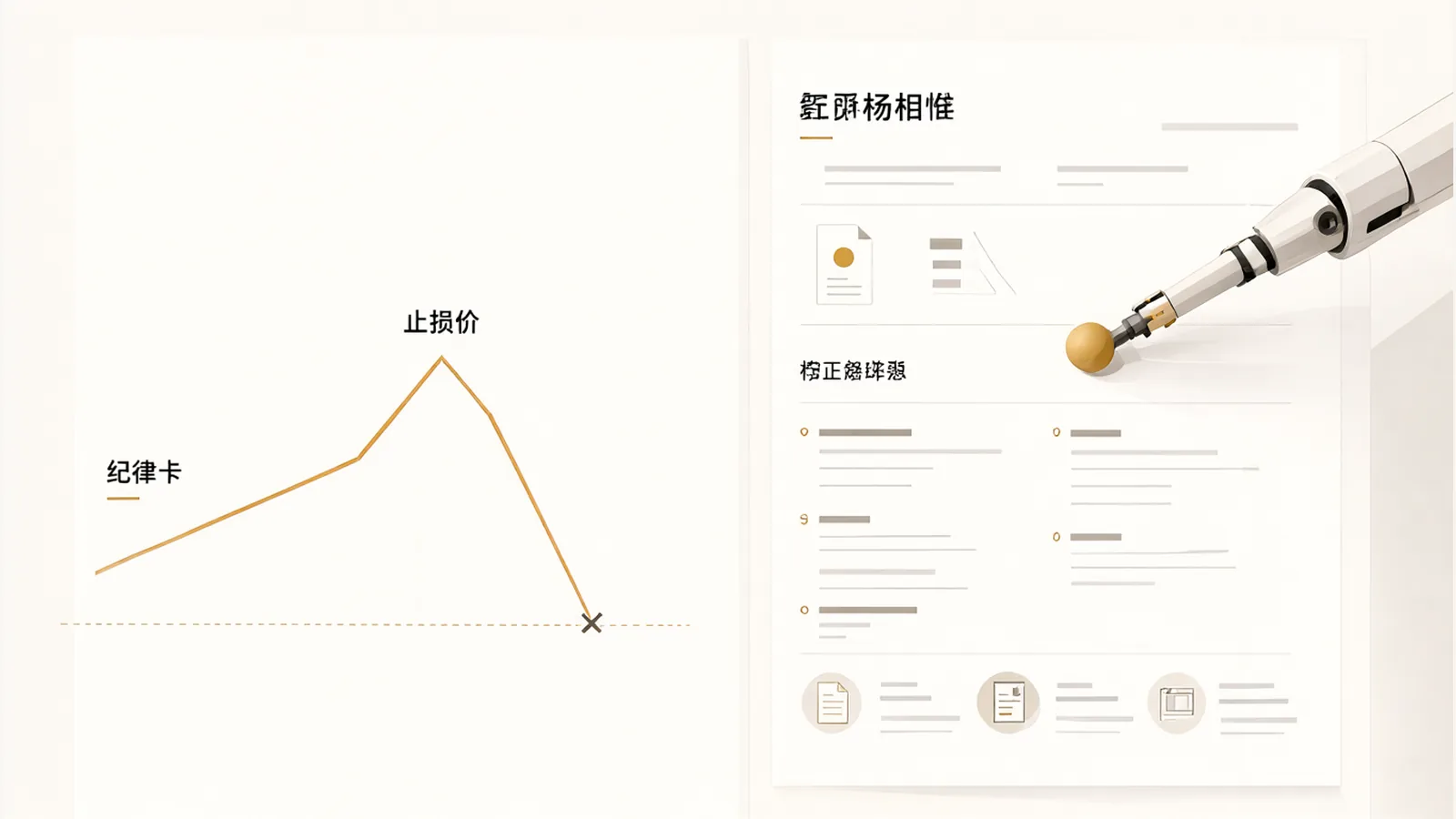 一张买入后纪律卡,旁边的价格折线跌到止损价虚线处被打上叉号